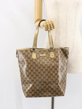 GUCCI GG Crystal Tote Bag Coated Canvas Beige Gold 189896 Auth BA9105